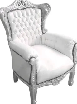 Casa Padrino Barock Kinder Sessel Thron in Weiß und Silber - 84 x 58 cm - Luxus Kindersessel in Handarbeit