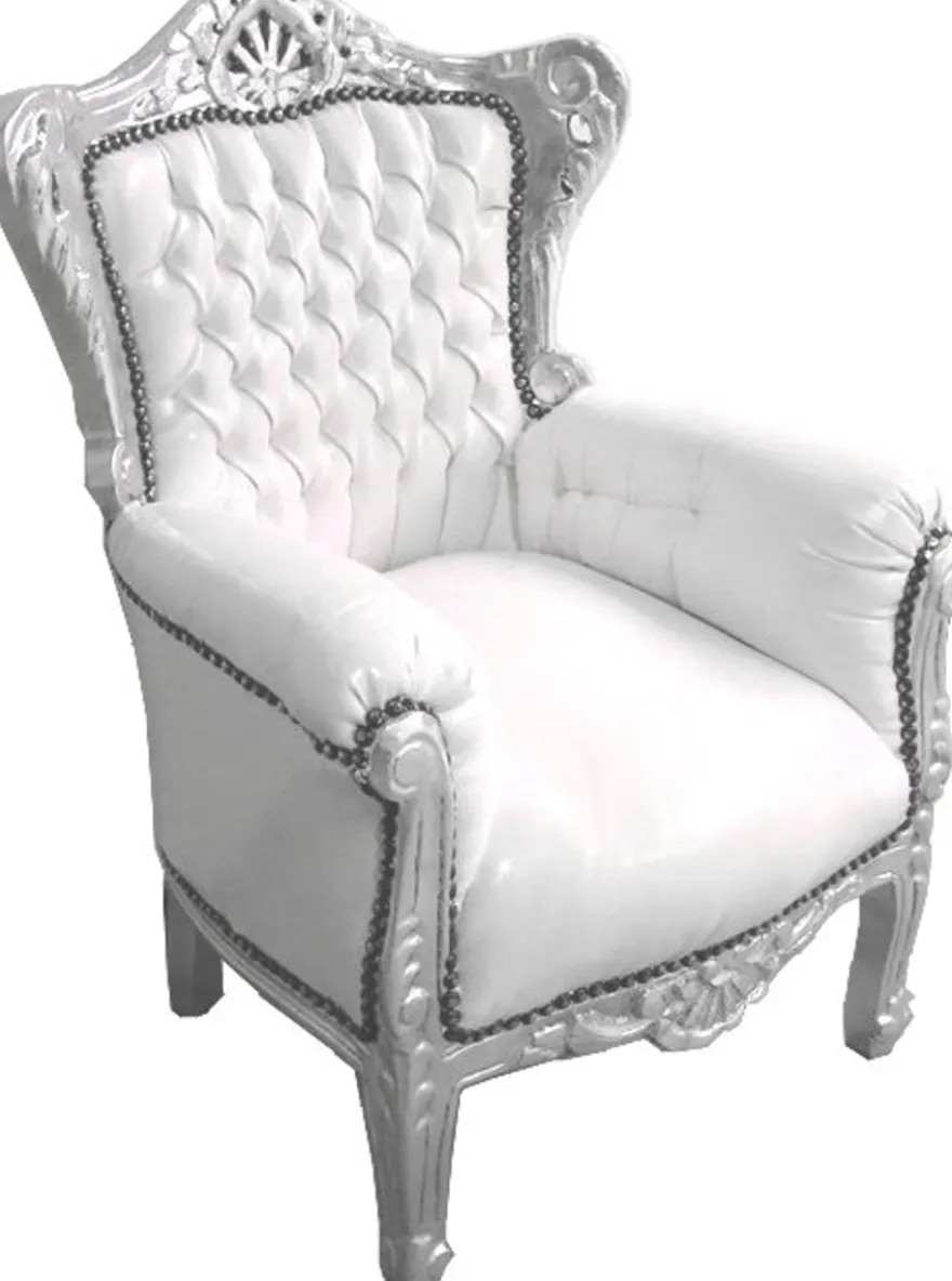 Casa Padrino Barock Kinder Sessel Thron in Weiß und Silber - 84 x 58 cm - Luxus Kindersessel in Handarbeit