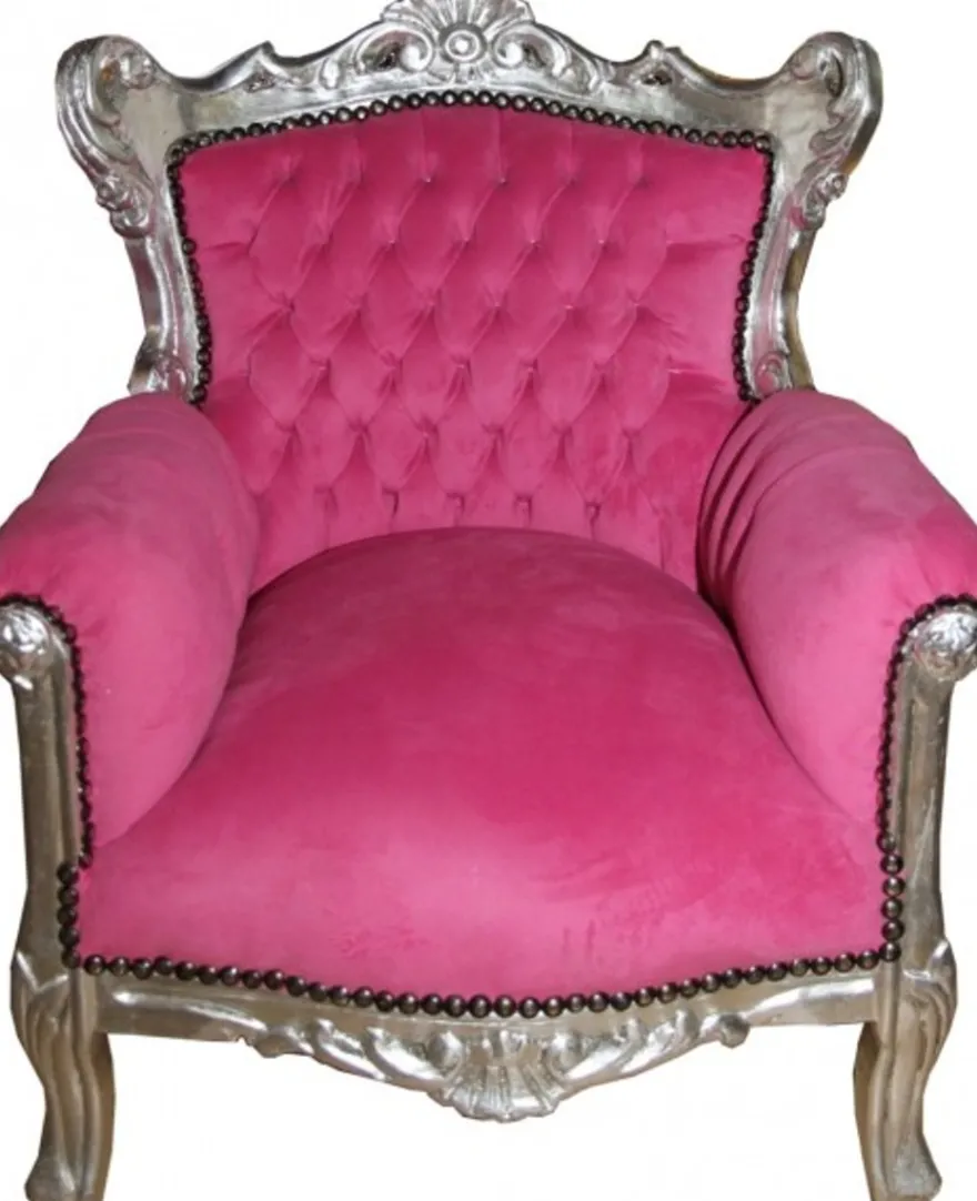 Casa Padrino Barock Kinder Sessel Thron in Rosa und Silber 84 x 58 cm - Luxuriöses Kindermöbel im Antik Stil