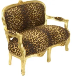 Casa Padrino Barock Kinder Sitzbank im Leopardenmuster und Gold - Luxuriöses Kinder Sofa im Antik Stil - 90 x 38 x 67 cm