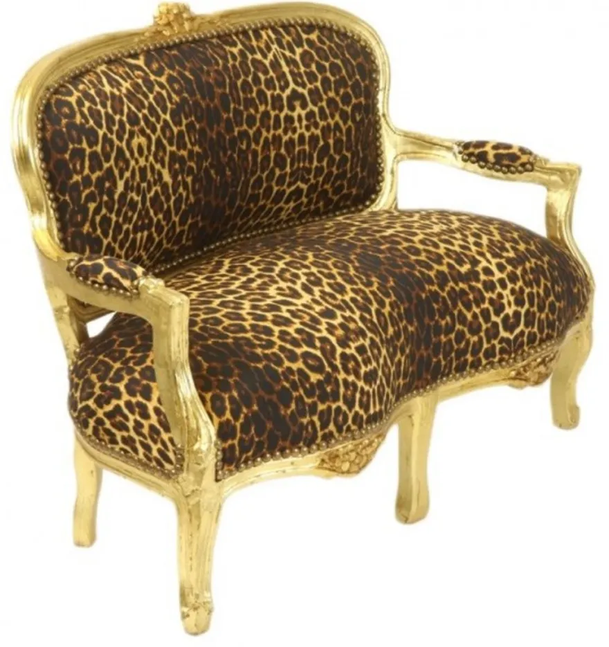 Casa Padrino Barock Kinder Sitzbank im Leopardenmuster und Gold - Luxuriöses Kinder Sofa im Antik Stil - 90 x 38 x 67 cm