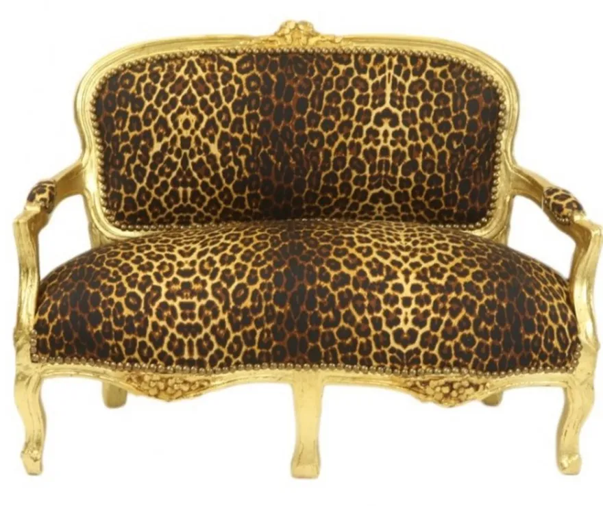 Casa Padrino Barock Kinder Sitzbank im Leopardenmuster und Gold - Luxuriöses Kinder Sofa im Antik Stil - 90 x 38 x 67 cm