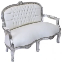 Casa Padrino Barock Kinder Sitzbank Weiß Lederoptik / Silber Antik Stil 90 x 38 x 67 cm