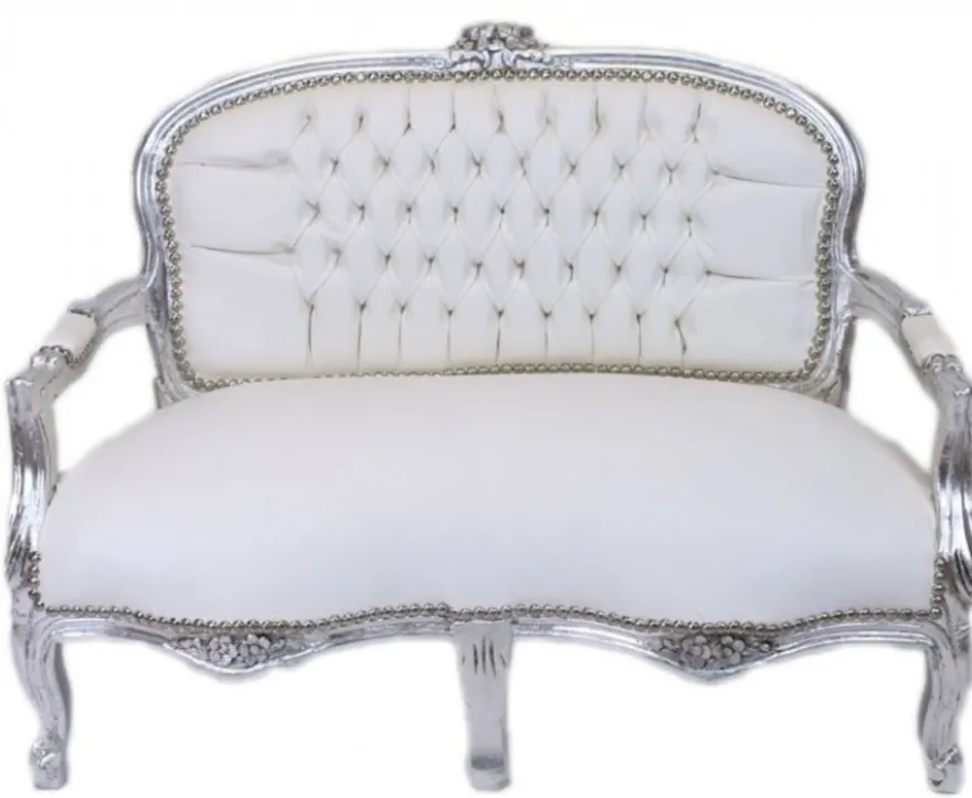 Casa Padrino Barock Kinder Sitzbank Weiß Lederoptik / Silber Antik Stil 90 x 38 x 67 cm