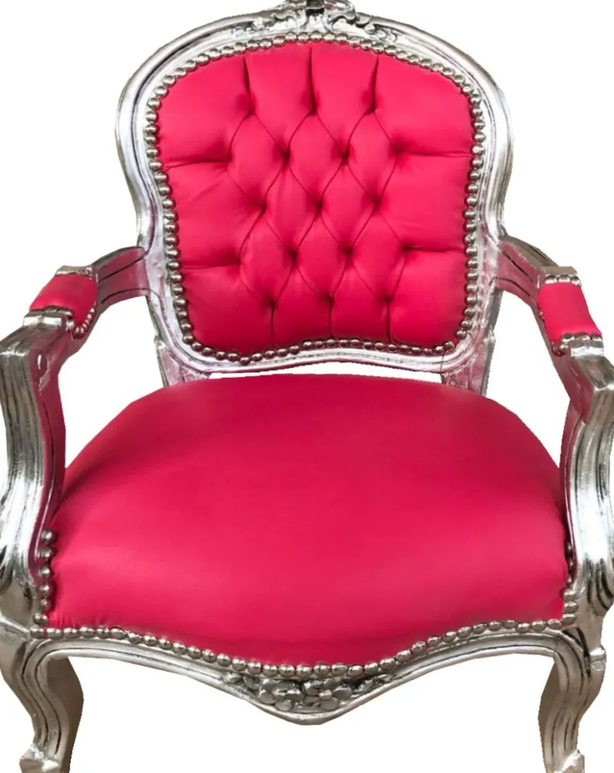 Casa Padrino Barock Kinder Stuhl Pink Lederoptik / Silber - Kindermöbel