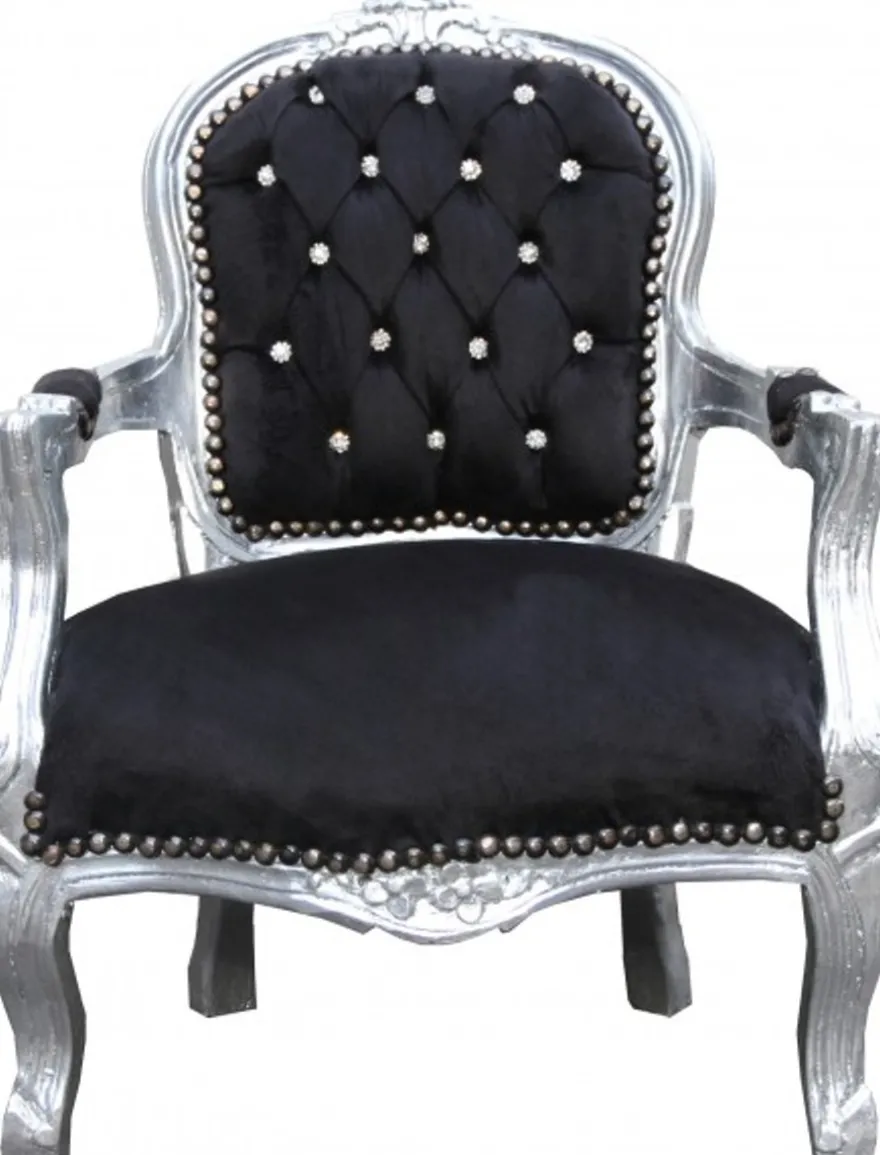 Casa Padrino Barock Kinderstuhl im Antik Stil Schwarz / Silber mit Glitzersteinen, 71 x 51 cm
