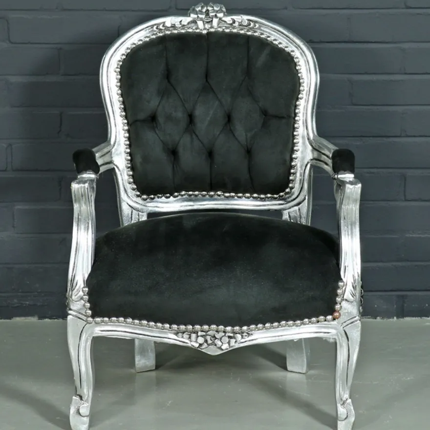 Casa Padrino Barock Kinderstuhl im Antik Stil - Schwarz / Silber - Breite 51 cm, Höhe 71 cm