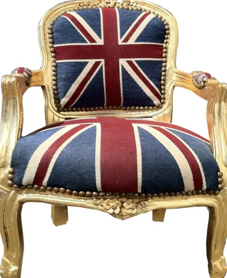Casa Padrino Barock Kinderstuhl Union Jack Gold, Armlehnstuhl aus Massivholz, Höhe 71 cm, Breite 51 cm