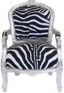 Casa Padrino Barock Kinder Stuhl Zebra / Silber - Armlehnstuhl im Antik Stil - 71 x 51 cm