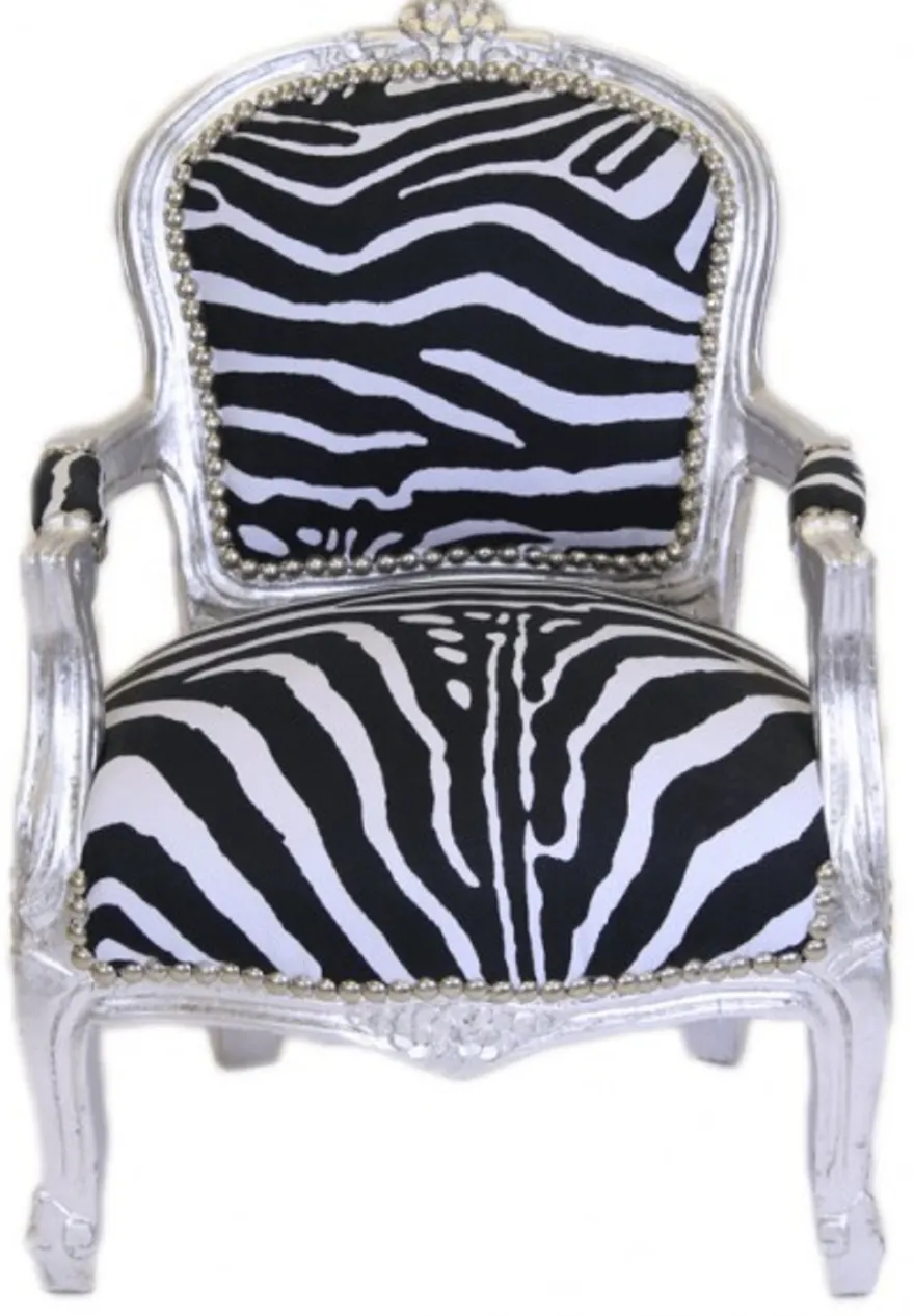 Casa Padrino Barock Kinder Stuhl Zebra / Silber - Armlehnstuhl im Antik Stil - 71 x 51 cm