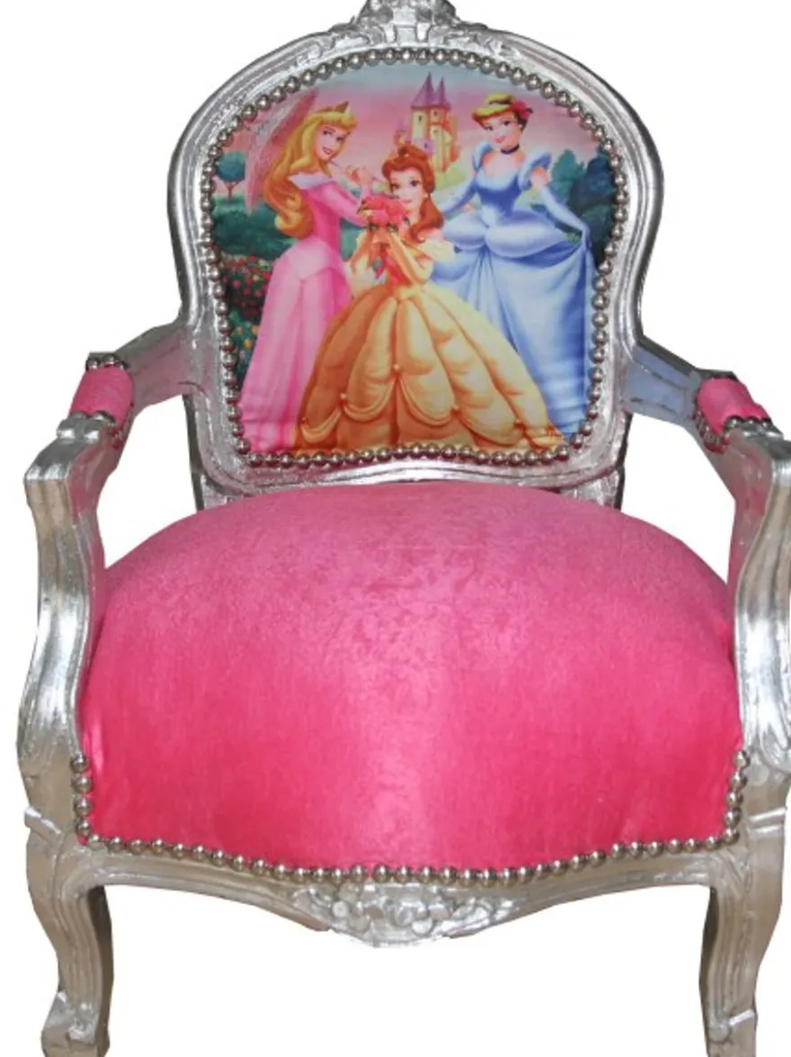 Casa Padrino Barock Kinder Stuhl Prinzessin im Antik Stil - Rosa / Silber - 71 x 51 x 34 cm