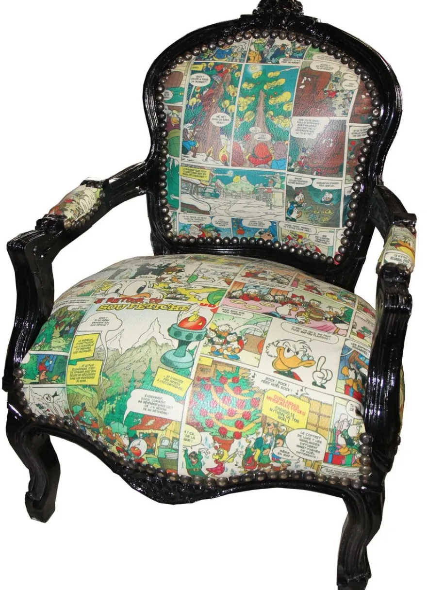 Casa Padrino Barock Kinderstuhl Comic Lederoptik / Schwarz - Handgefertigter Armlehnstuhl aus Massivholz, 73 x 51 x 37 cm