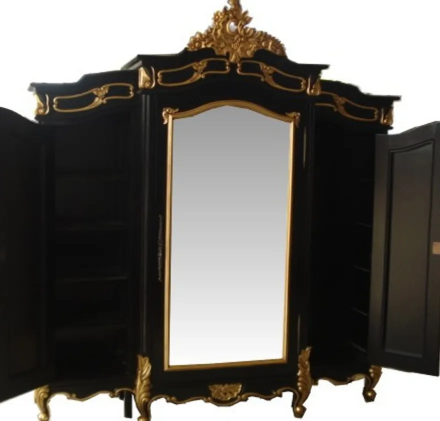Casa Padrino Barock Kleiderschrank Schwarz / Gold - Schlafzimmer Schrank im Barockstil - Handgefertigte Barock Schlafzimmer Möbel