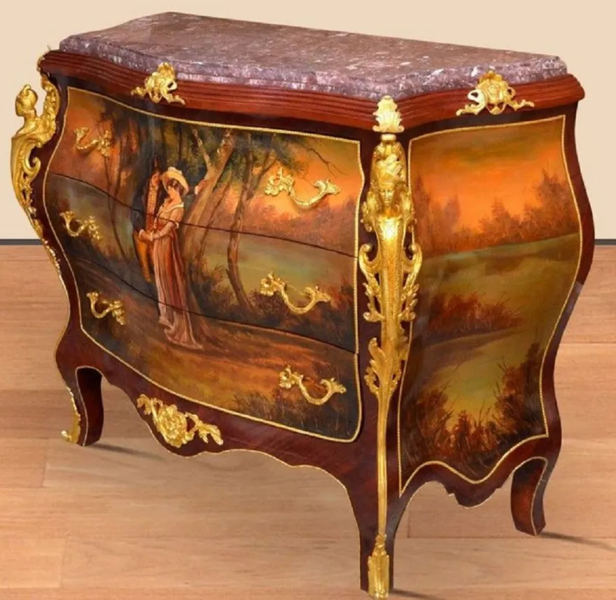 Casa Padrino Barock Kommode Braun / Gold / Rot - Handgefertigte Massivholz Kommode mit 3 Schubladen und Marmorplatte - Barock Möbel