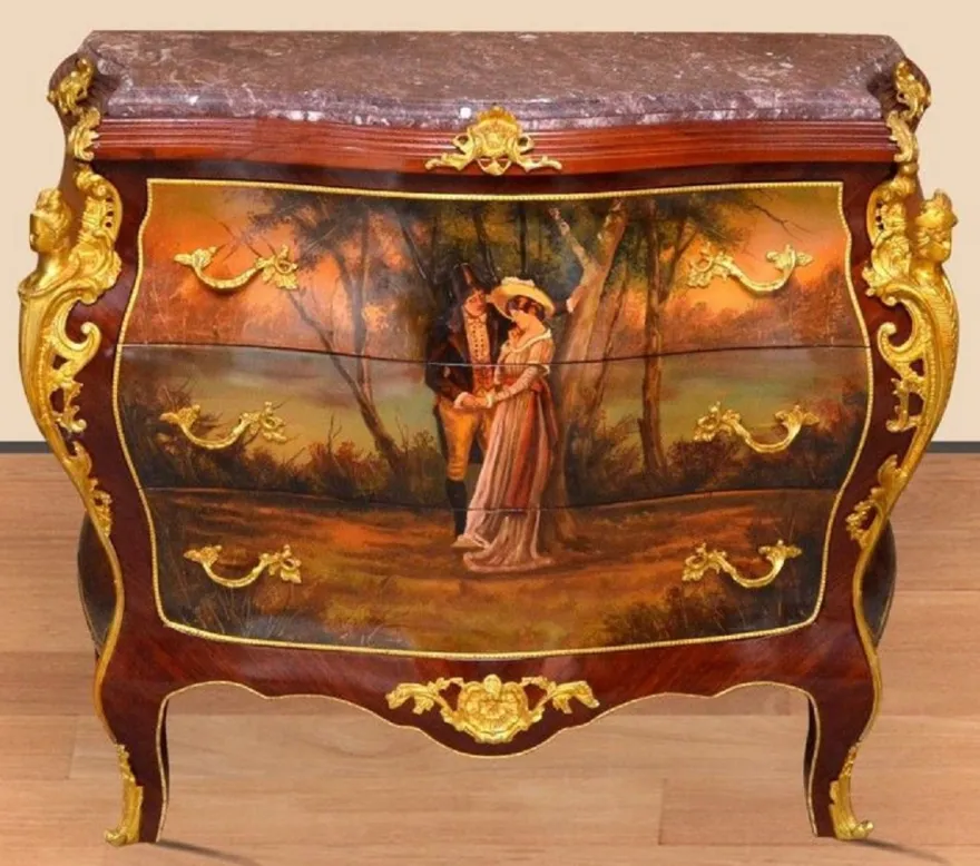 Casa Padrino Barock Kommode Braun / Gold / Rot - Handgefertigte Massivholz Kommode mit 3 Schubladen und Marmorplatte - Barock Möbel