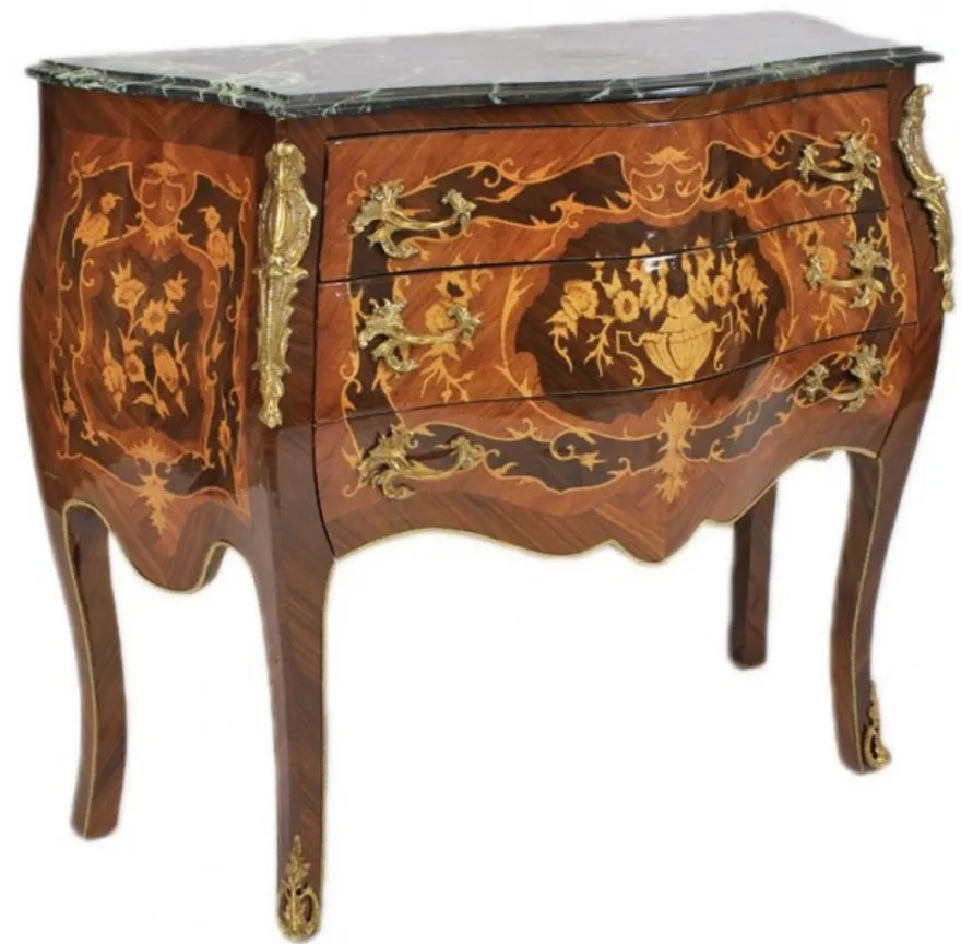 Casa Padrino Barock Kommode Braun mit grüner Marmorplatte 3 Schubladen - Empire Kommode