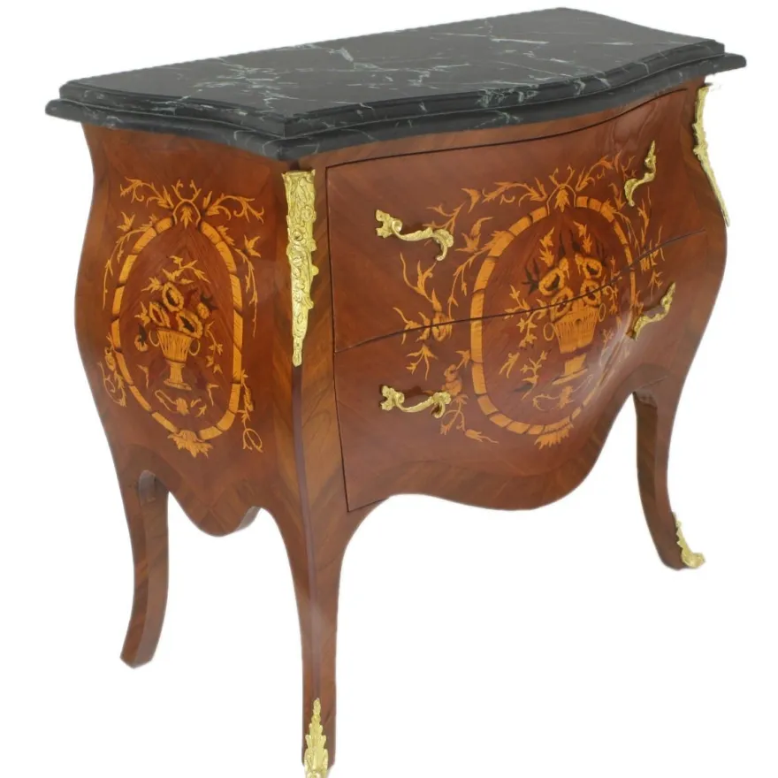 Casa Padrino Barock Kommode Braun / Gold / Schwarz 95 x 45 x H. 85 cm - Handgefertigte Massivholz Kommode mit 2 Schubladen und Marmorplatte - Barock Möbel