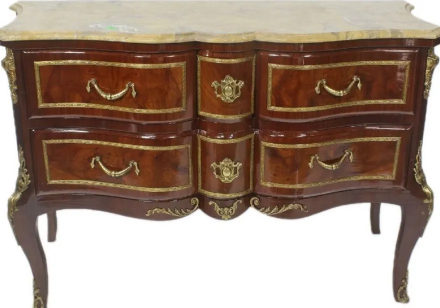 Casa Padrino Barock Kommode Braun / Gold / Creme 120 x 50 x H. 80 cm - Elegante Massivholz Kommode mit Schubladen und Marmorplatte - Möbel im Barockstil