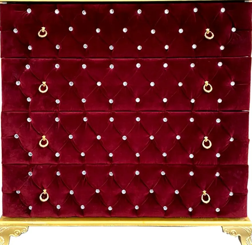 Casa Padrino Barock Kommode Boardeauxrot / Gold 100 x 45 x H. 90 cm - Massivholz Schlafzimmer Kommode mit 4 Schubladen und Glitzersteinen - Barock Schlafzimmer Möbel