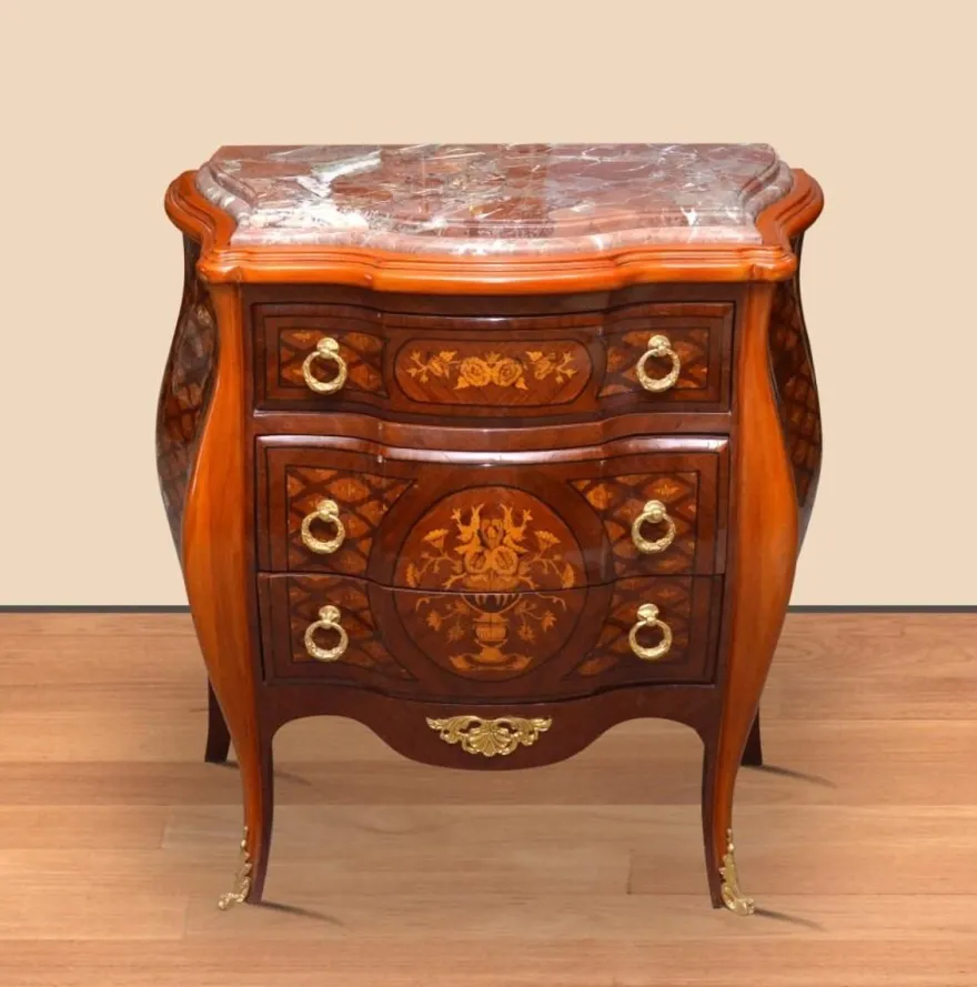 Casa Padrino Barock Kommode Braun / Gold 85 x 45 x H. 85 cm - Handgefertigte Massivholz Kommode mit 3 Schubladen und Marmorplatte - Barock Möbel