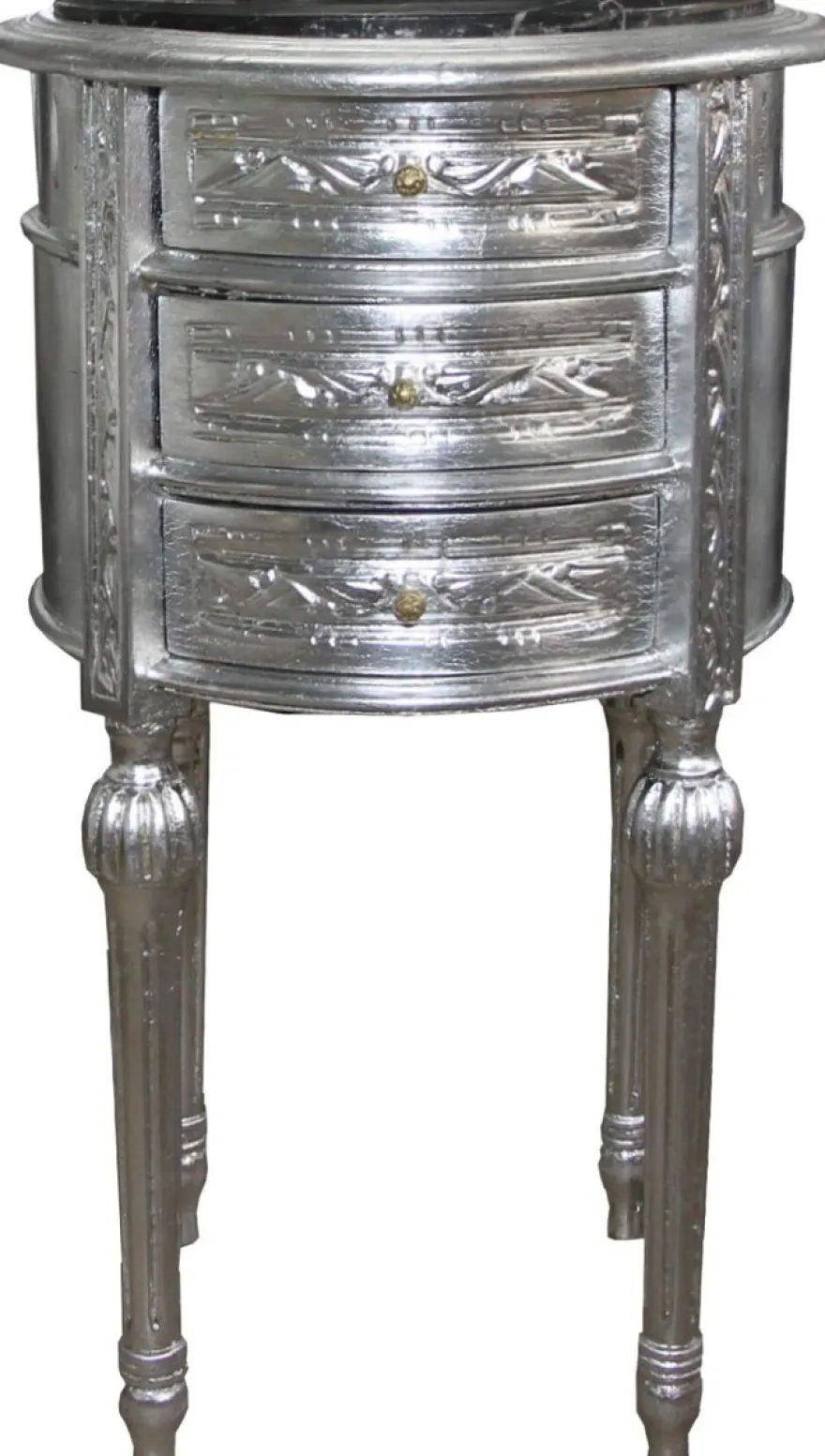 Casa Padrino Barock Kommode / Beistelltisch Silber mit schwarzer Marmorplatte Höhe 72 cm, Durchmesser 41 cm - Nachttisch Konsole