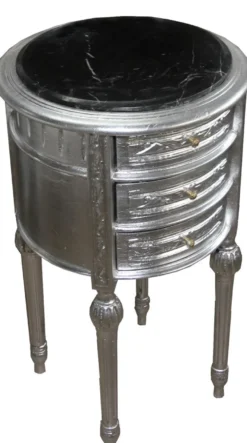 Casa Padrino Barock Kommode / Beistelltisch Silber mit schwarzer Marmorplatte Höhe 72 cm, Durchmesser 41 cm - Nachttisch Konsole