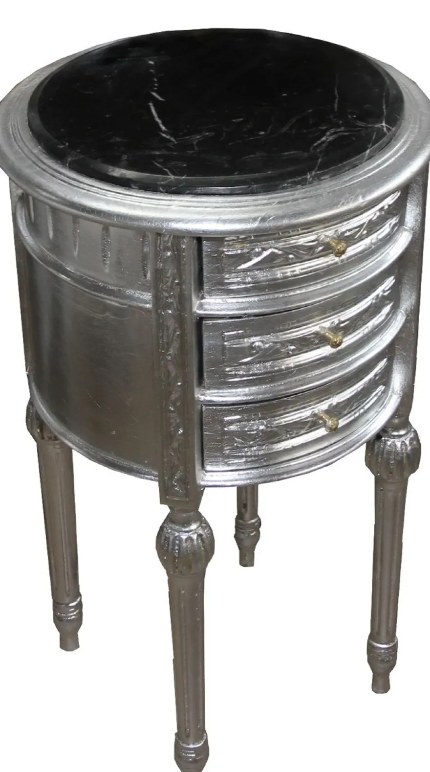 Casa Padrino Barock Kommode / Beistelltisch Silber mit schwarzer Marmorplatte Höhe 72 cm, Durchmesser 41 cm - Nachttisch Konsole