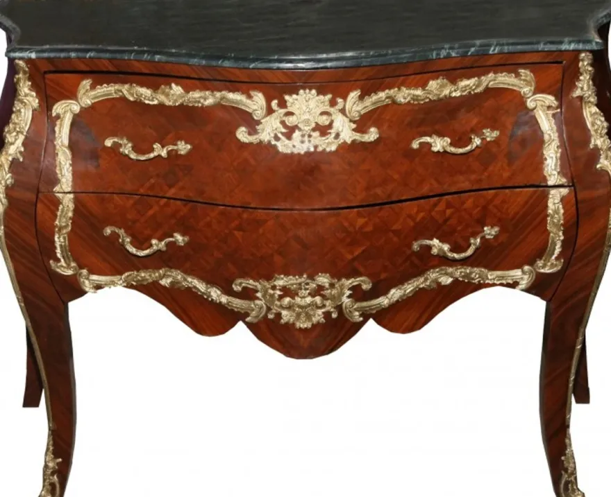 Casa Padrino Barock Kommode Braun mit Marmorplatte Mahagoni Intarsien B 129 cm - Barock Möbel Kommode