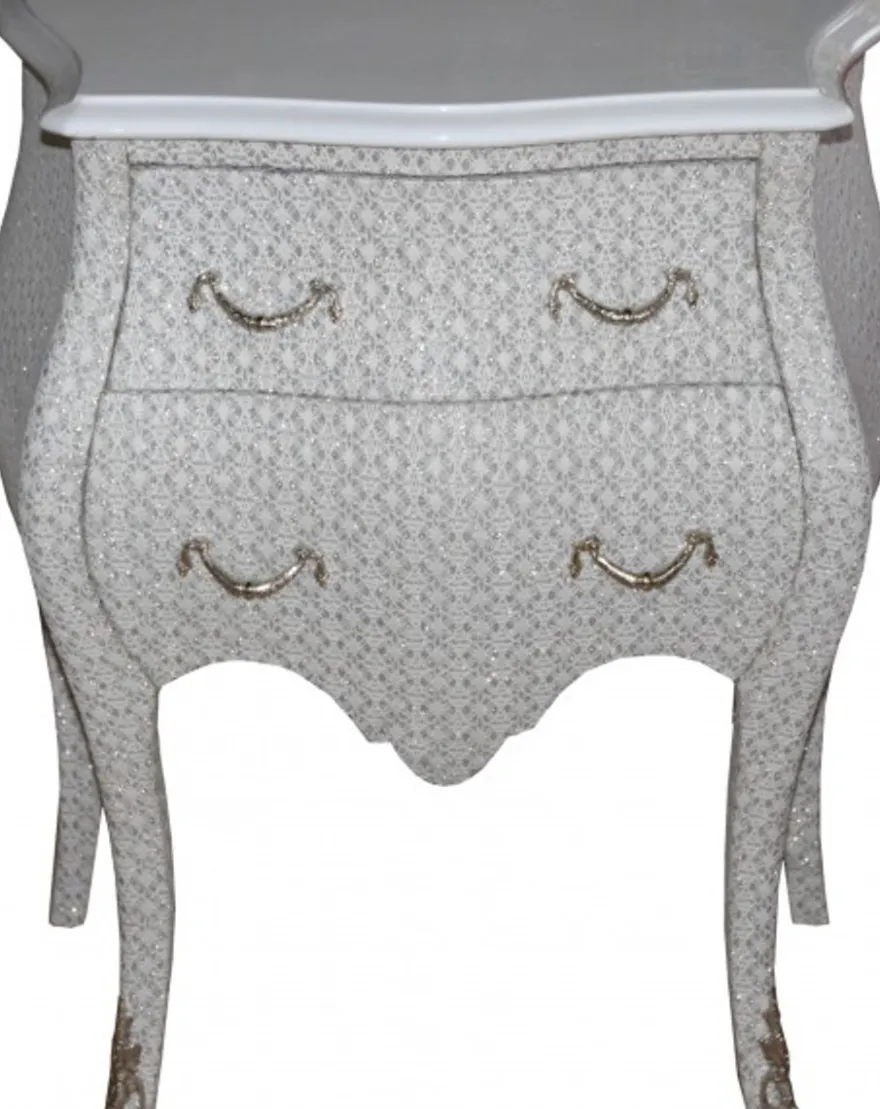 Casa Padrino Barock Kommode im Glitzerlook Weiß, Höhe 71 cm, Breite 60 cm, Tiefe 38 cm - Handgefertigter Nachttisch