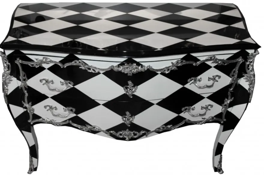 Casa Padrino Barock Kommode im Karo Design mit Silber Applikationen 130 x 84 x 63 cm - Luxuriöse Anrichte im Antik Look