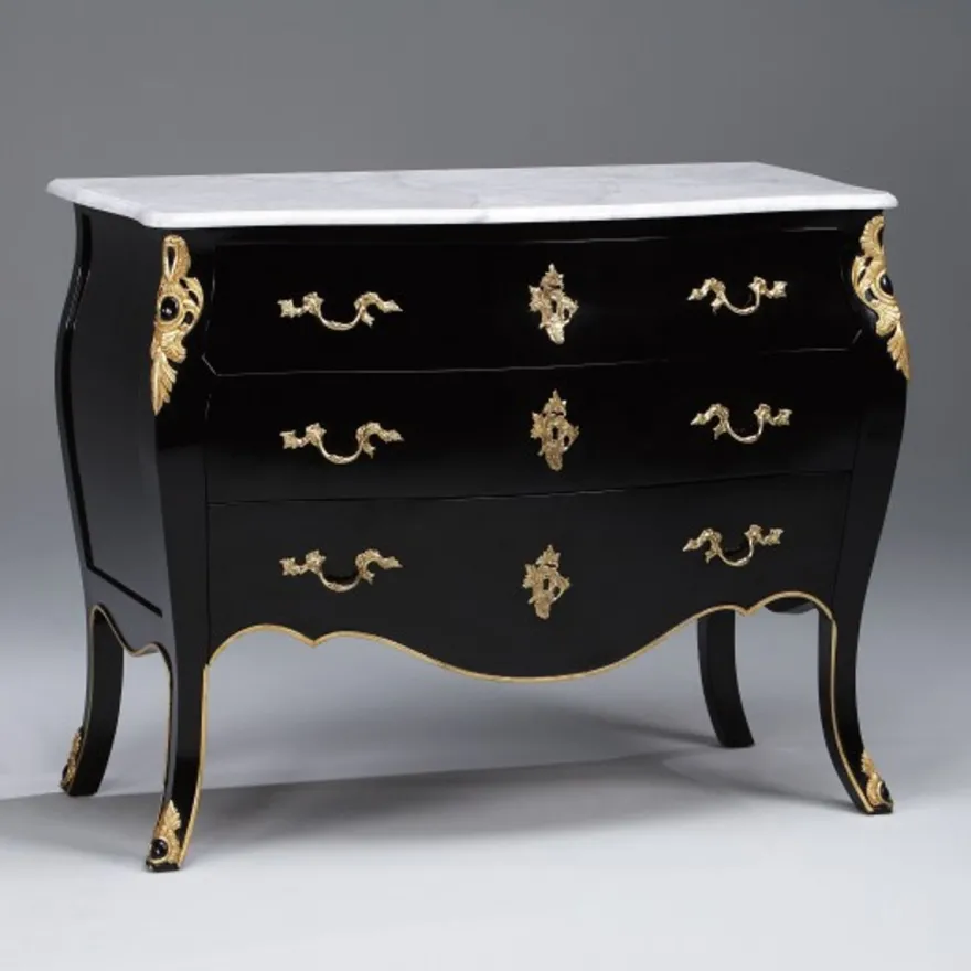 Casa Padrino Barock Kommode in Schwarz mit goldenen Applikationen und Marmorplatte 120 x 60 x 96 cm