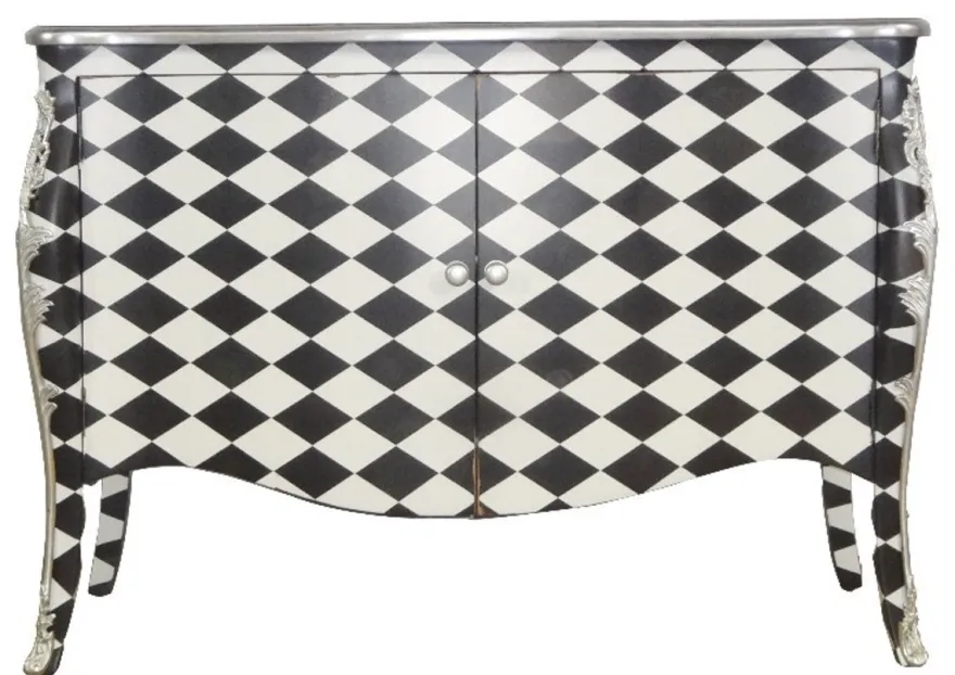 Casa Padrino Barock Kommode Karo Schwarz / Weiß 120 cm - Luxuriöser Schrank mit 2 Türen und Silber Applikationen
