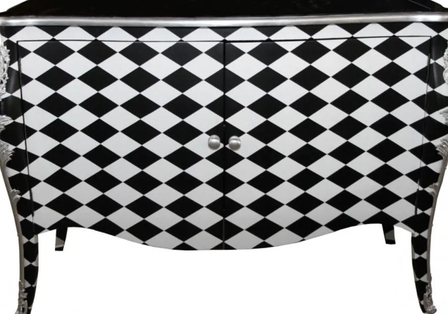 Casa Padrino Barock Kommode Karo Schwarz / Weiß 120 cm - Luxuriöser Schrank mit 2 Türen und Silber Applikationen