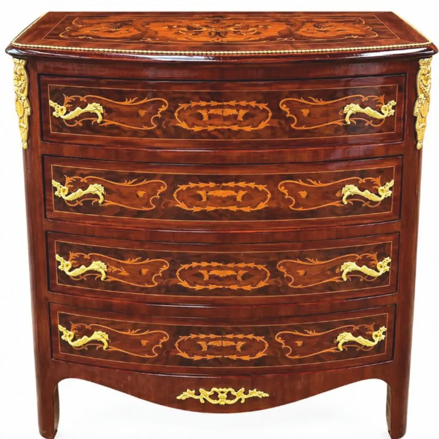 Casa Padrino Barock Kommode mit 4 Schubladen Braun Intarsien / Gold H. 90 cm - Prunkvolle Barock Möbel