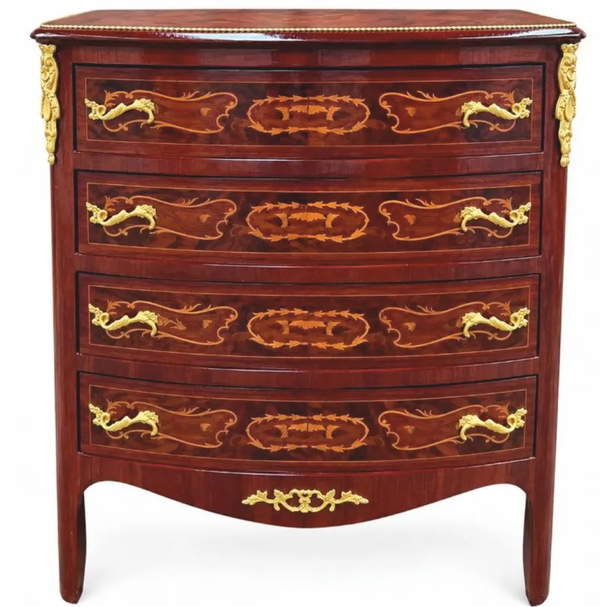 Casa Padrino Barock Kommode mit 4 Schubladen Braun Intarsien / Gold H. 90 cm - Prunkvolle Barock Möbel