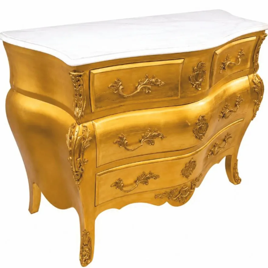 Casa Padrino Barock Kommode mit 4 Schubladen und Marmorplatte Gold / Weiß 120 cm - Prunkvolle Barock Möbel - Barockstil Möbel
