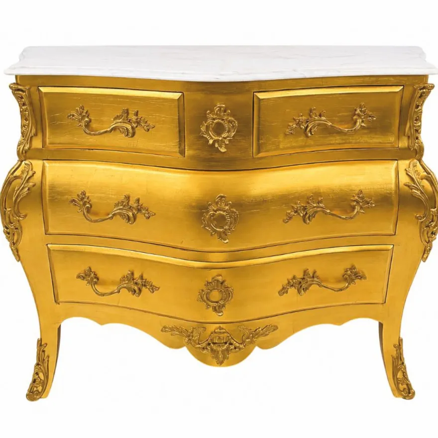 Casa Padrino Barock Kommode mit 4 Schubladen und Marmorplatte Gold / Weiß 120 cm - Prunkvolle Barock Möbel - Barockstil Möbel