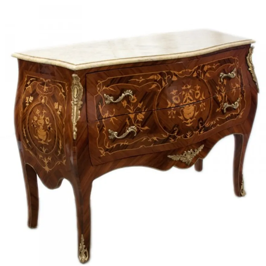 Casa Padrino Barock Kommode Mahagoni Braun mit Intarsien und Marmorplatte 100 x 45 x 85 cm
