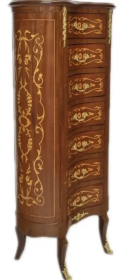 Casa Padrino Barock Kommode Mahagoni Intarsien / Gold mit 7 Schubladen Oval - Antik Stil