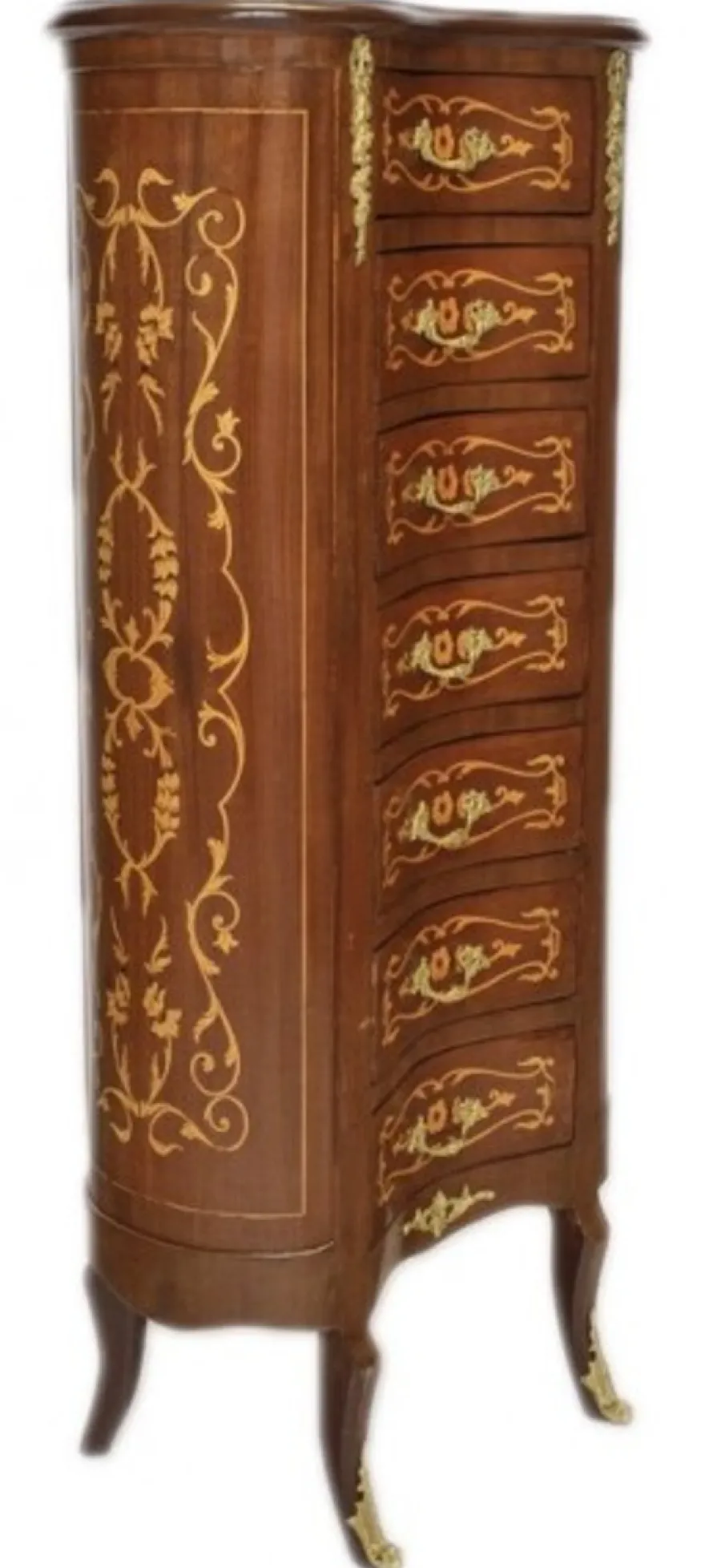 Casa Padrino Barock Kommode Mahagoni Intarsien / Gold mit 7 Schubladen Oval - Antik Stil