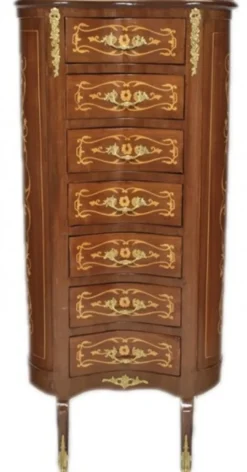 Casa Padrino Barock Kommode Mahagoni Intarsien / Gold mit 7 Schubladen Oval - Antik Stil