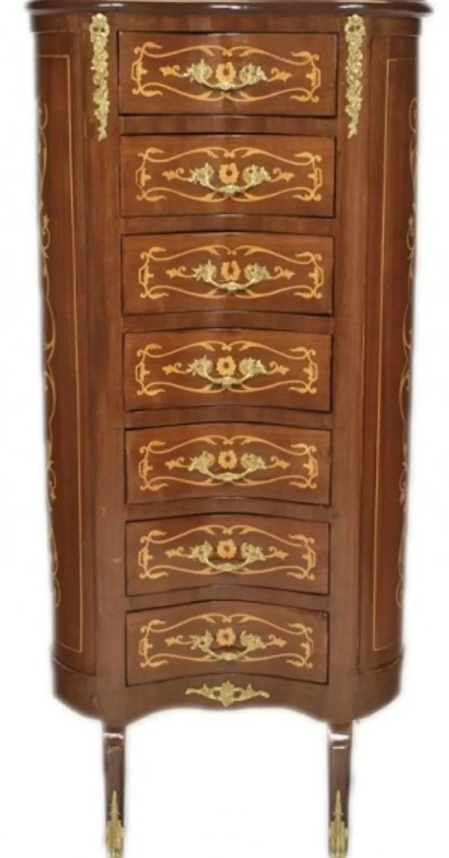 Casa Padrino Barock Kommode Mahagoni Intarsien / Gold mit 7 Schubladen Oval - Antik Stil