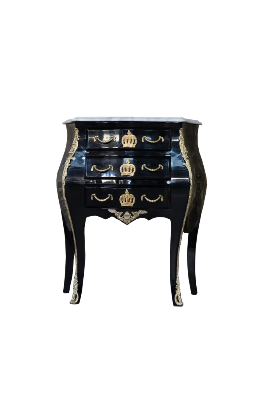 Casa Padrino Barock Kommode Pompöös von Harald Glööckler mit 3 Schubladen und Marmorplatte in Schwarz / Gold / Weiß, 63 x 41 x 78 cm