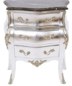 Casa Padrino Barock Kommode Silber mit Marmorplatte 65 x 40 x H 75 cm - Luxuriöser Nachttisch oder Konsole