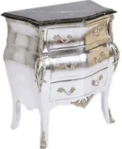 Casa Padrino Barock Kommode Silber mit Marmorplatte 65 x 40 x H 75 cm - Luxuriöser Nachttisch oder Konsole