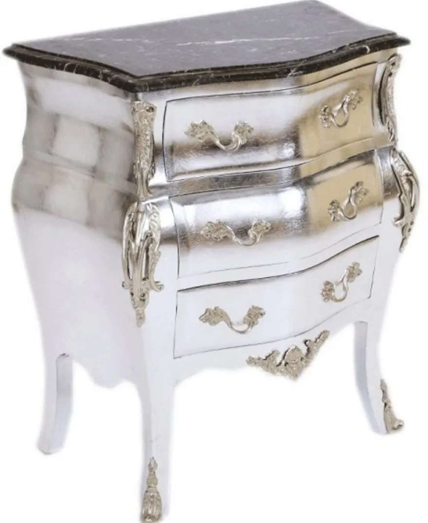 Casa Padrino Barock Kommode Silber mit Marmorplatte 65 x 40 x H 75 cm - Luxuriöser Nachttisch oder Konsole