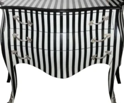 Casa Padrino Barock Kommode Schwarz/Weiss Streifen 122 x 57 x 88 cm mit silbernen Metallapplikationen