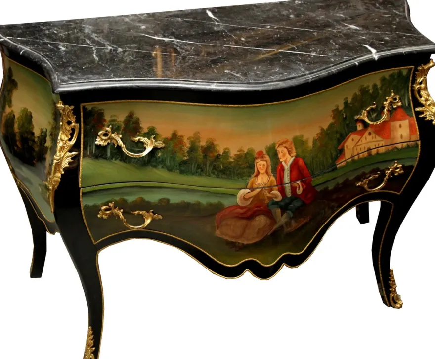 Casa Padrino Barock Kommode Schwarz mit handbemaltem Motiv / Gold 130 cm Metallapplikationen und Marmorplatte