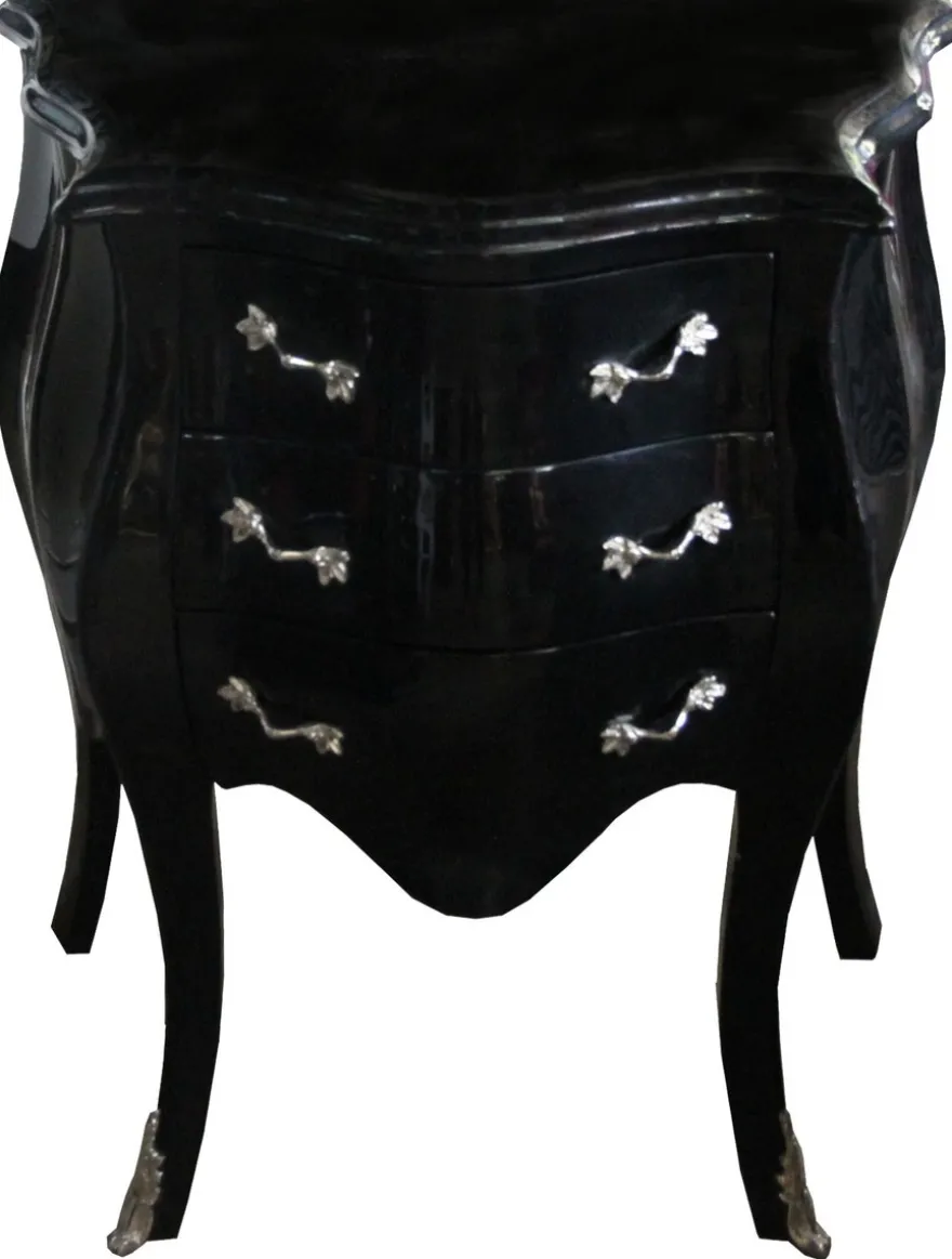 Casa Padrino Barock Kommode Schwarz / Silber H 74 cm, B 64 cm, T 40 cm - Nachttisch Kommode