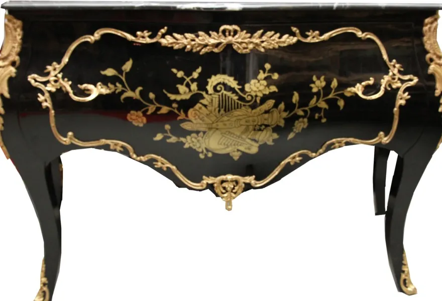 Casa Padrino Barock Kommode Schwarz / Gold 130 cm mit Metallapplikationen und Marmorplatte